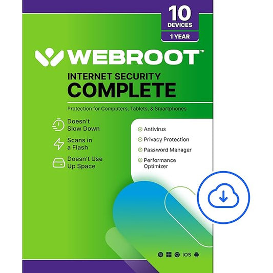 Webroot Internet Security Complete | Antivirus Software 2025 | 10 Device | 1 Year Download